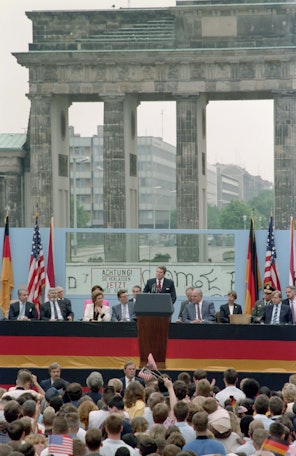 Brandenberg Gate Speech Reagan giving speech at the Brandenberg Gate