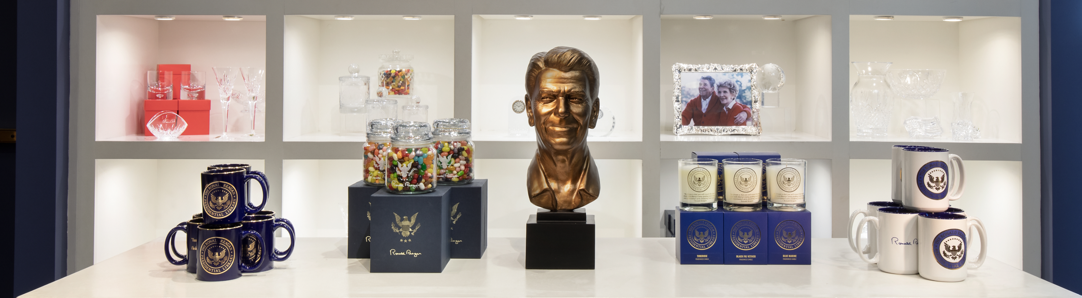 Mugs, jellybeans, and candle merchandise from the museum store