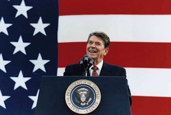 Reagan speaking at podium Reagan speaking at podium