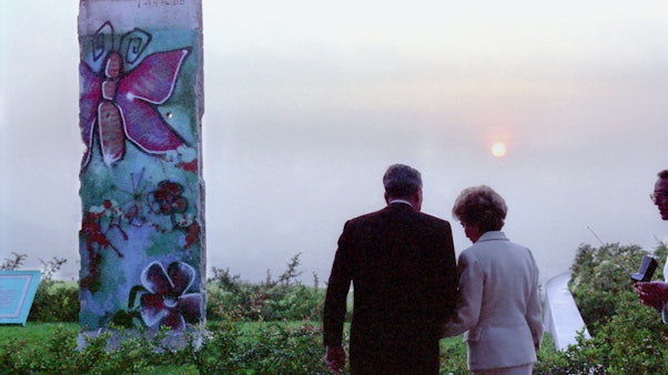 Nancy and Ronald Reagan with a piece of the Berlin Wall at the Reagan Library Nancy and Ronald Reagan with a piece of the Berlin Wall at the Reagan Library