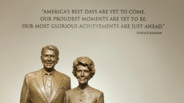 Nancy and Ronald Reagan Statues in front of a Reagan Quote Nancy and Ronald Reagan Statues in front of a Reagan Quote