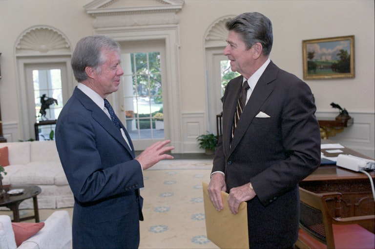 Presidents Jimmy Carter and Ronald Reagan in the Oval Office