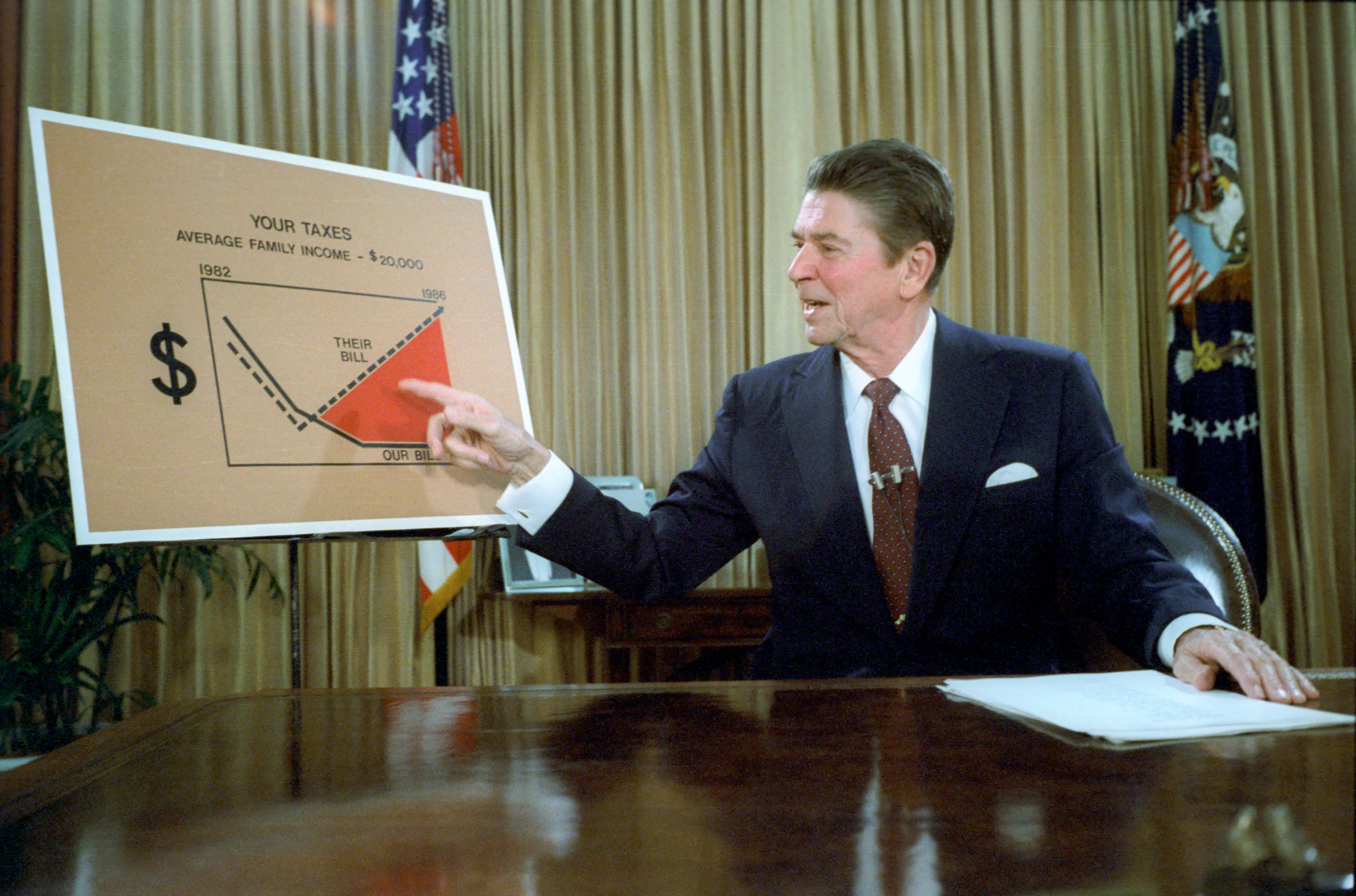 Reagan in the Oval Office pointing to graph