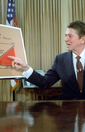 Reagan Address to the Nation on the Economy Reagan in the Oval Office pointing to graph
