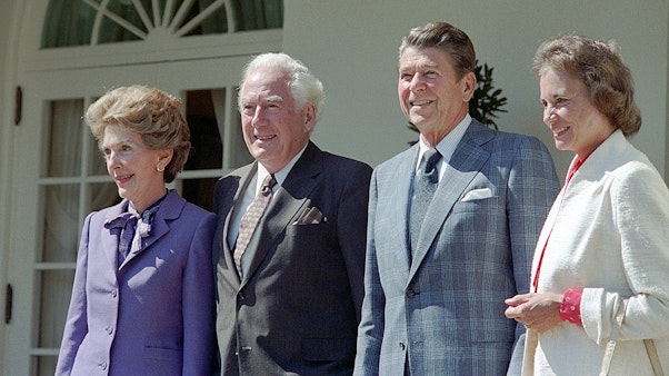 President Reagan and Nancy Reagan during a Reception for the Federal Judiciary with Warren Burger and Sandra Day O'Connor in the Rose Garden. 09/24/1981. President Reagan and Nancy Reagan standing outside with Warren Burger, Sandra Day O'Connor