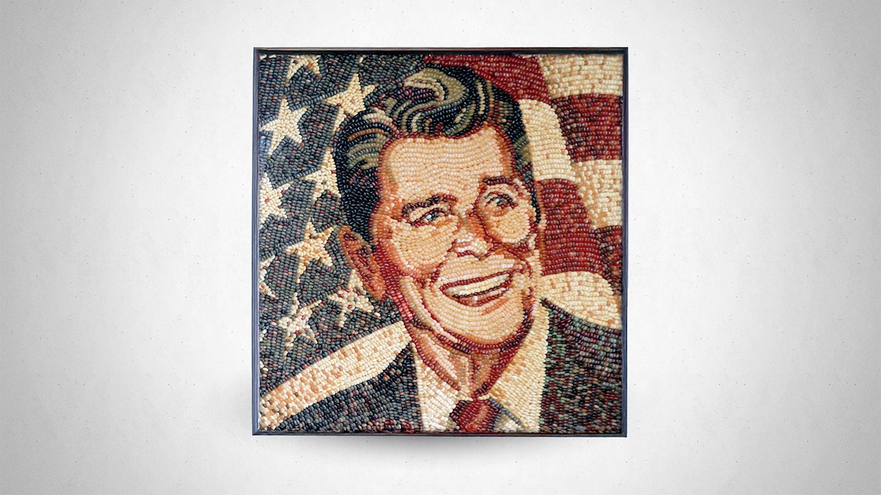A portrait of President Reagan made entirely of jelly beans