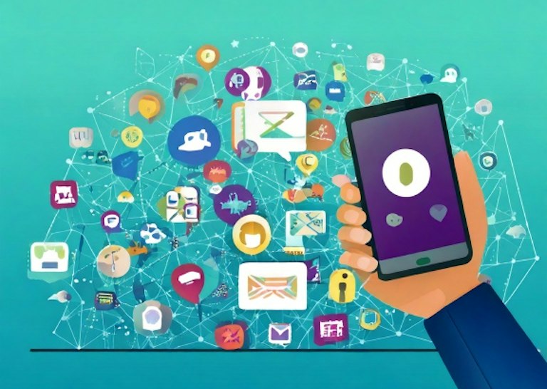 cartoon image, social media icons and hand holding a mobile phone