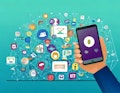 cartoon image, social media icons and hand holding a mobile phone