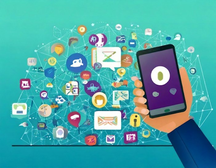 cartoon image, social media icons and hand holding a mobile phone