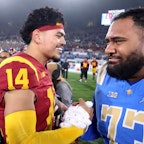 USC quarterback Jayden Maiava is congratulated by UCLA offensive lineman Alani Makihele after the rivals’ game at the Rose Bowl on Nov. 23. (Wally Skalij / Los Angeles Times) USC quarterback Jayden Maiava is congratulated by UCLA offensive lineman Alani Makihele after the rivals’ game at the Rose Bowl on Nov. 23. (Wally Skalij / Los Angeles Times)