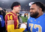 USC quarterback Jayden Maiava is congratulated by UCLA offensive lineman Alani Makihele after the rivals’ game at the Rose Bowl on Nov. 23. (Wally Skalij / Los Angeles Times)