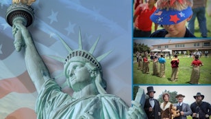 Collage of Statue of LIberty, children playing games, and president re-enactors.
