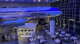 Evening photo inside of the AIr Force One Pavilion, view of the AFO aircraft.