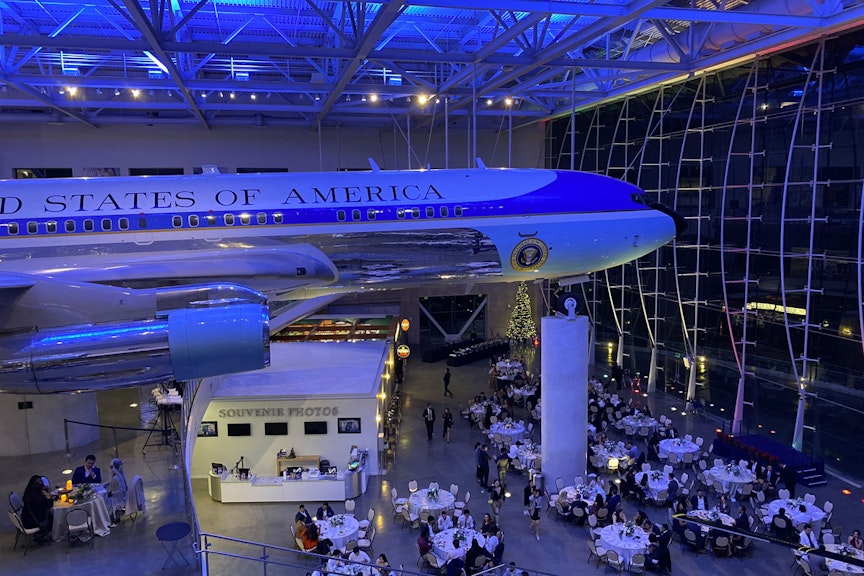 Evening photo inside of the AIr Force One Pavilion, view of the AFO aircraft.