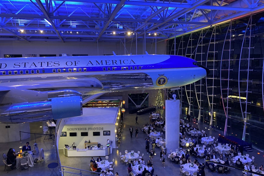 Evening photo inside of the AIr Force One Pavilion, view of the AFO aircraft.
