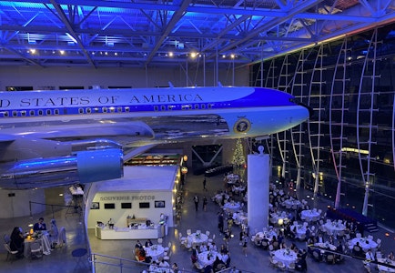 Evening photo inside of the AIr Force One Pavilion, view of the AFO aircraft.