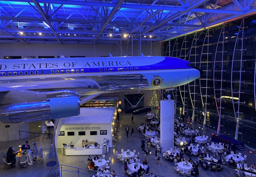 Evening photo inside of the AIr Force One Pavilion, view of the AFO aircraft.
