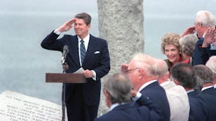 Ronald Reagan salutes on 40th anniversary of D-Day Pointe du Hoc