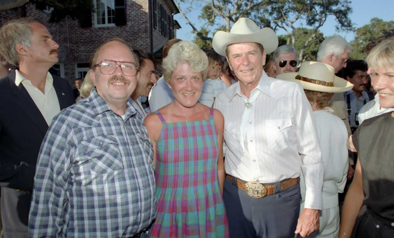 8/28/1985 President Reagan Lou Cannon Mary Cannon Trip to California Press Corps Party at Klinger residence Santa Barbara California