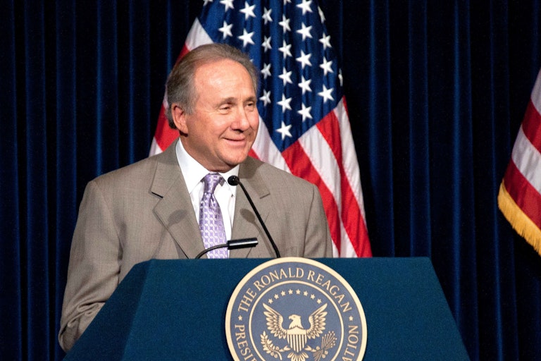Michael Reagan speaking on podium at the Reagan Library. Michael Reagan speaking on podium at the Reagan Library.
