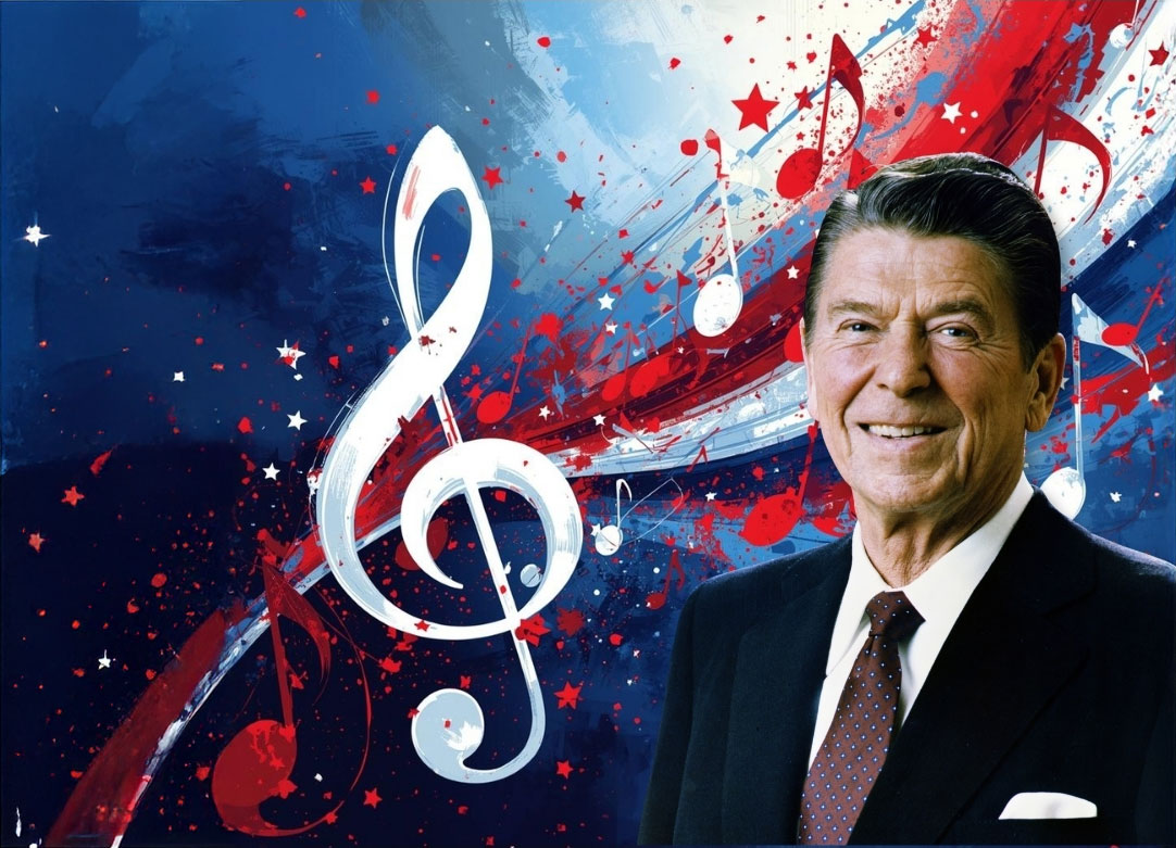 President Reagan, stars, red, white , and blue. Musical notes.