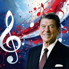 President Reagan, stars, red, white , and blue. Musical notes. President Reagan, stars, red, white , and blue. Musical notes.