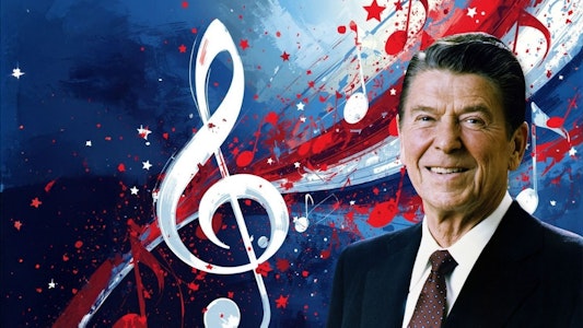 President Reagan, stars, red, white , and blue. Musical notes. President Reagan, stars, red, white , and blue. Musical notes.