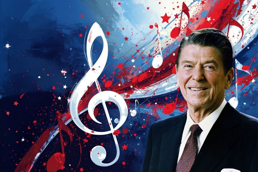 President Reagan, stars, red, white , and blue. Musical notes. President Reagan, stars, red, white , and blue. Musical notes.