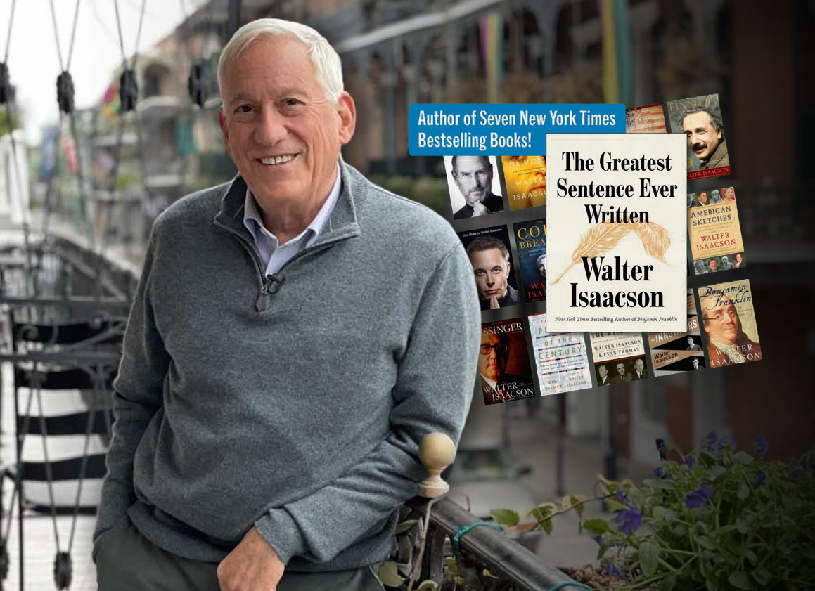 Author Walter Issacson, with book covers of his work