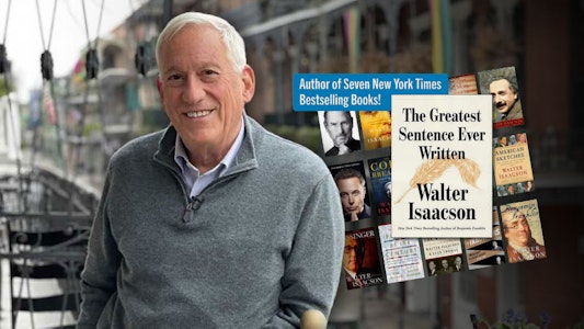Author Walter Issacson, with book covers of his work Author Walter Issacson, with book covers of his work