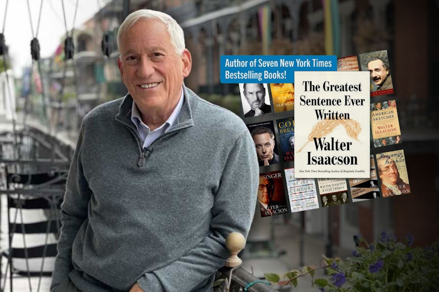 Author Walter Issacson, with book covers of his work Author Walter Issacson, with book covers of his work