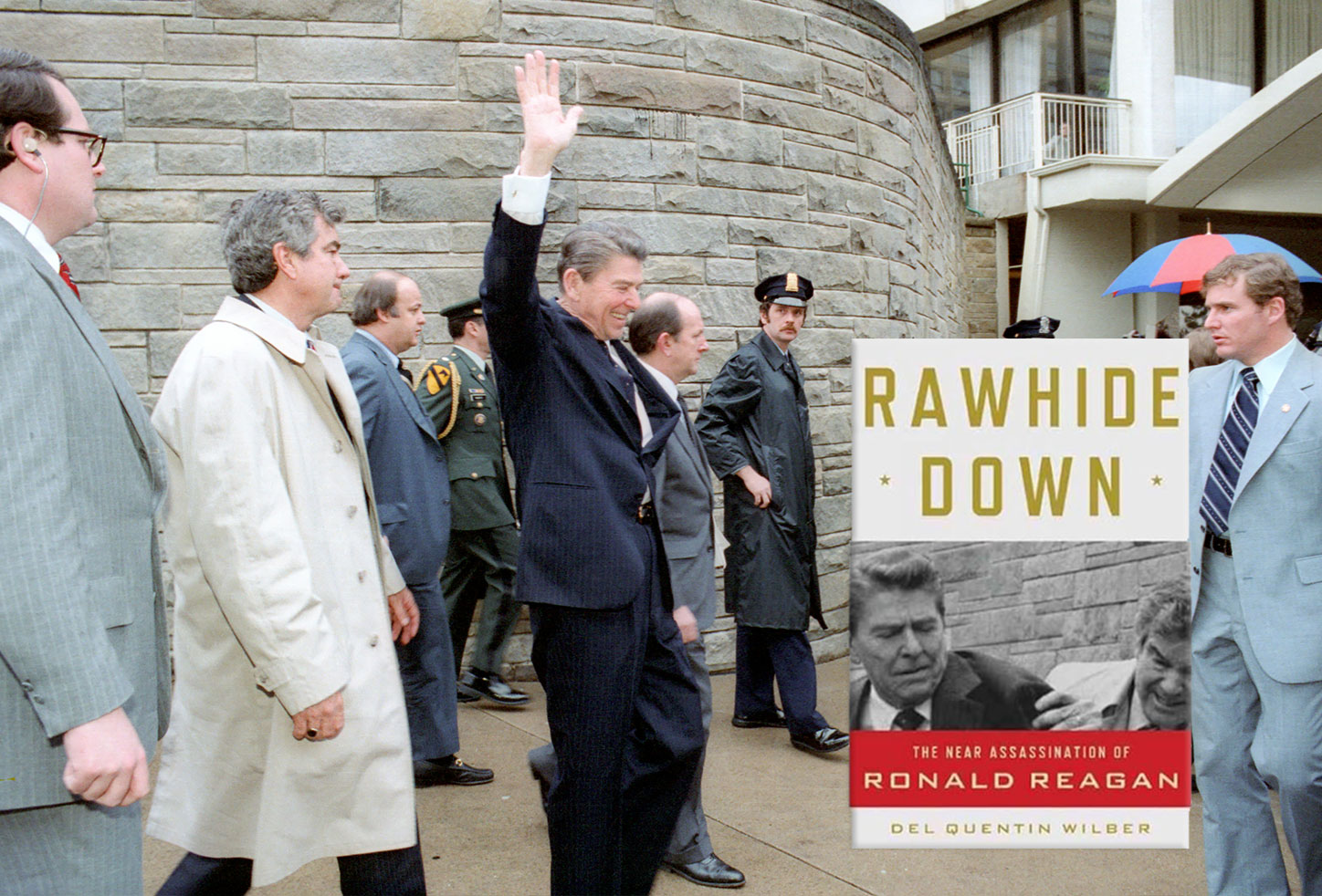 President Reagan waving to a crowd, on the day of the assasination attempt