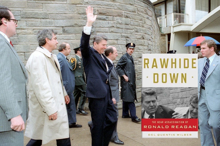 President Reagan waving to a crowd, on the day of the assasination attempt