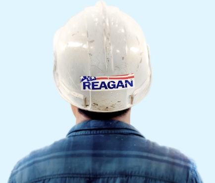 Reagan Hardhat A Reagan campaign sticker on a white hardhat