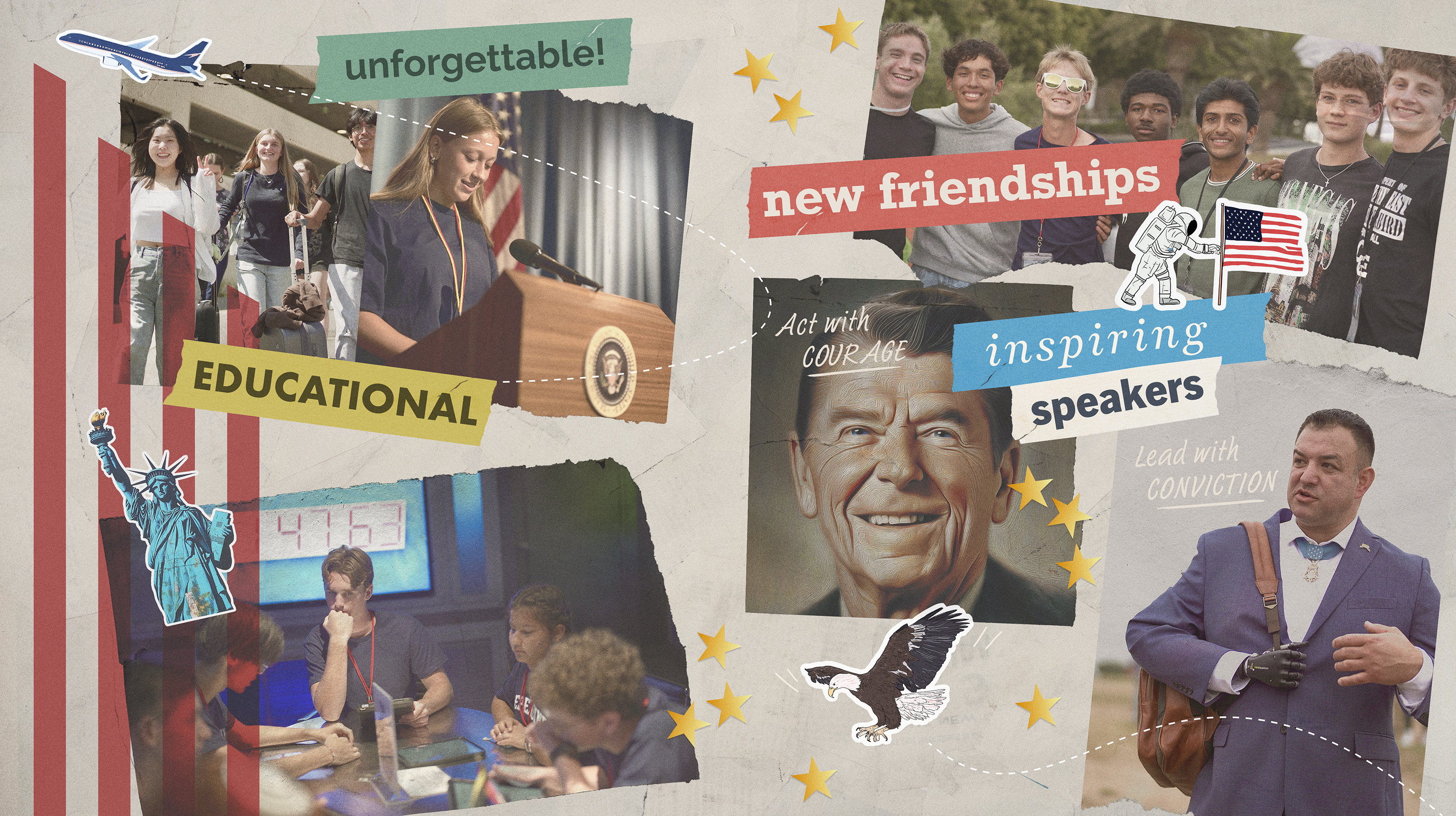 A collage of students, ronald reagan, and americana
