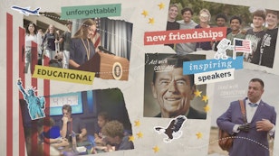 A collage of students, ronald reagan, and americana