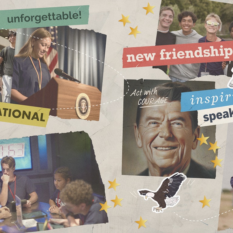 A collage of students, ronald reagan, and americana