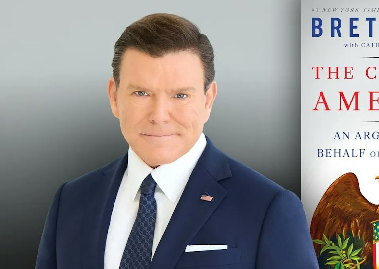 Headshot of Bret Baier next to his book "The Case for America"
