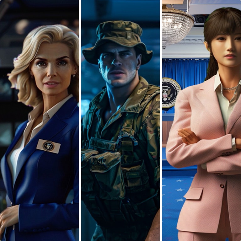 Animated woman in blue suit, solider in fatigues, and woman in pink suit