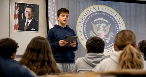 Student speaking in front of classroom