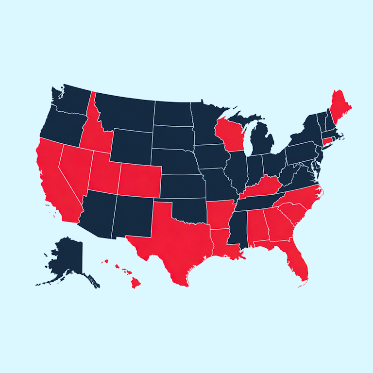 Map of the united states in red and navy