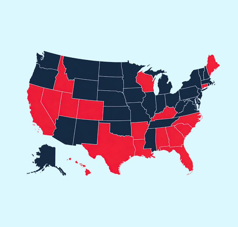 Map of the united states in red and navy