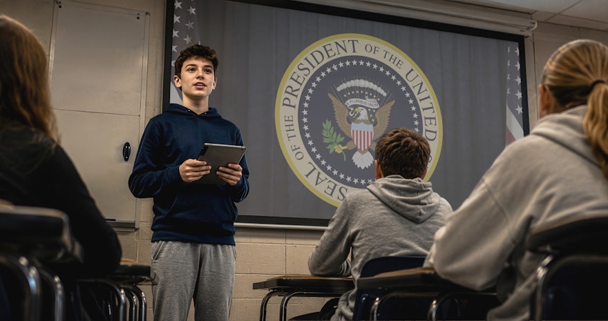 Student presenting in front of the class