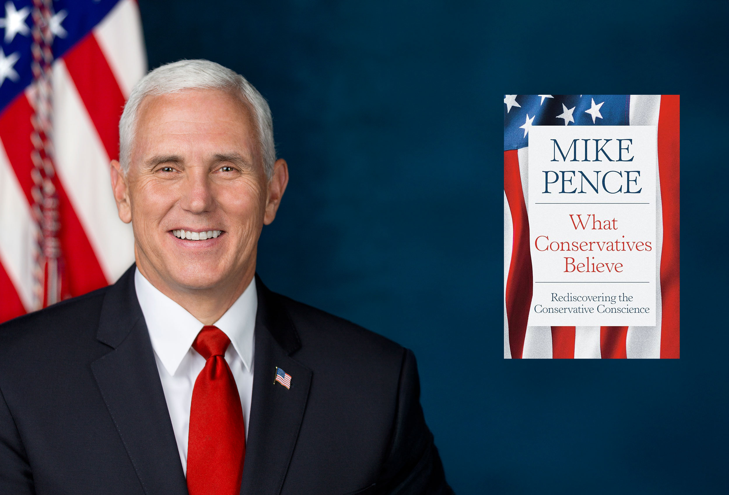 Vice President Mike Pence with book cover of What Conservatives Believe
