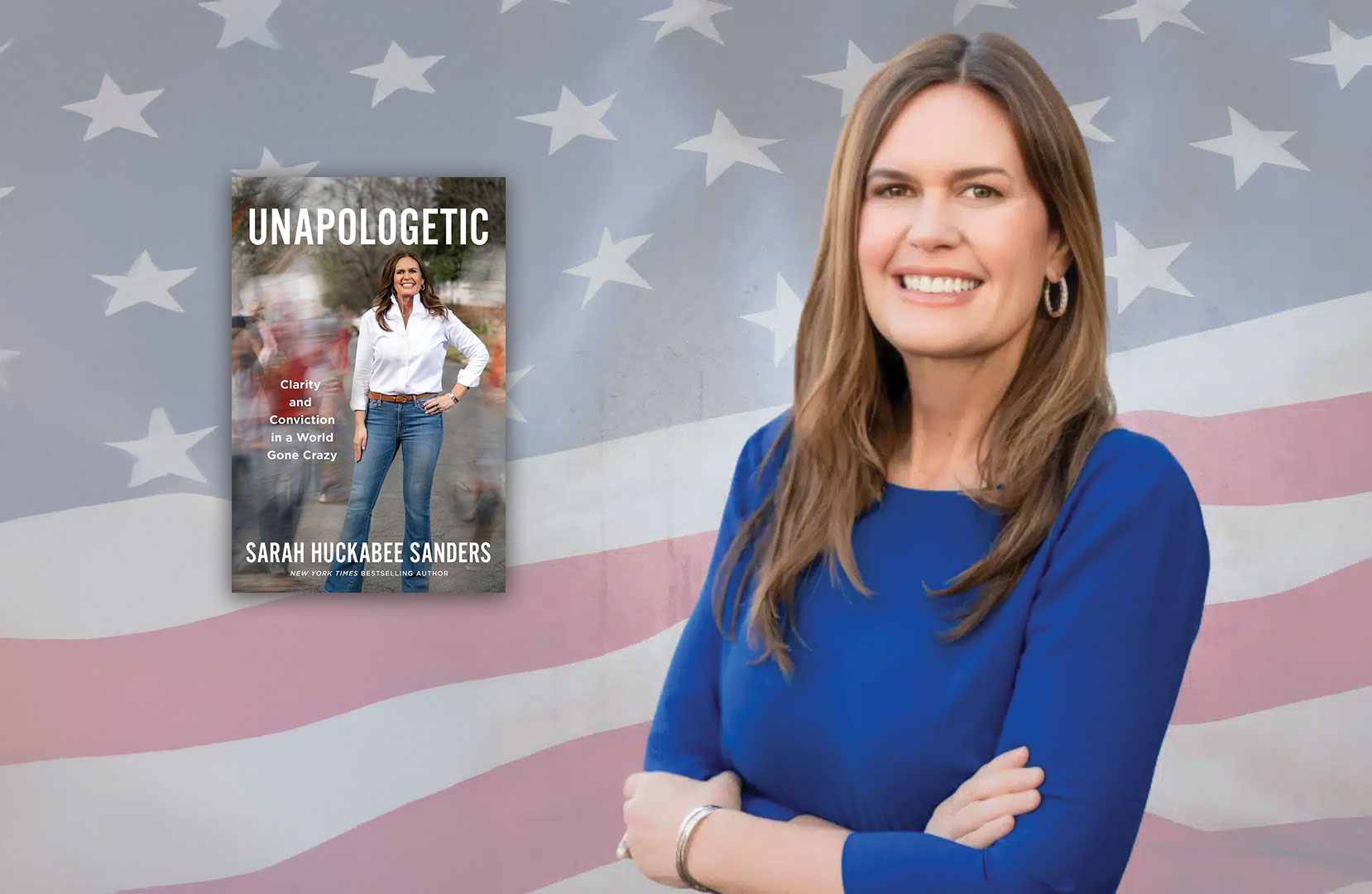 Governor Sarah Huckabee Sanders with book cover "Unapologetic"