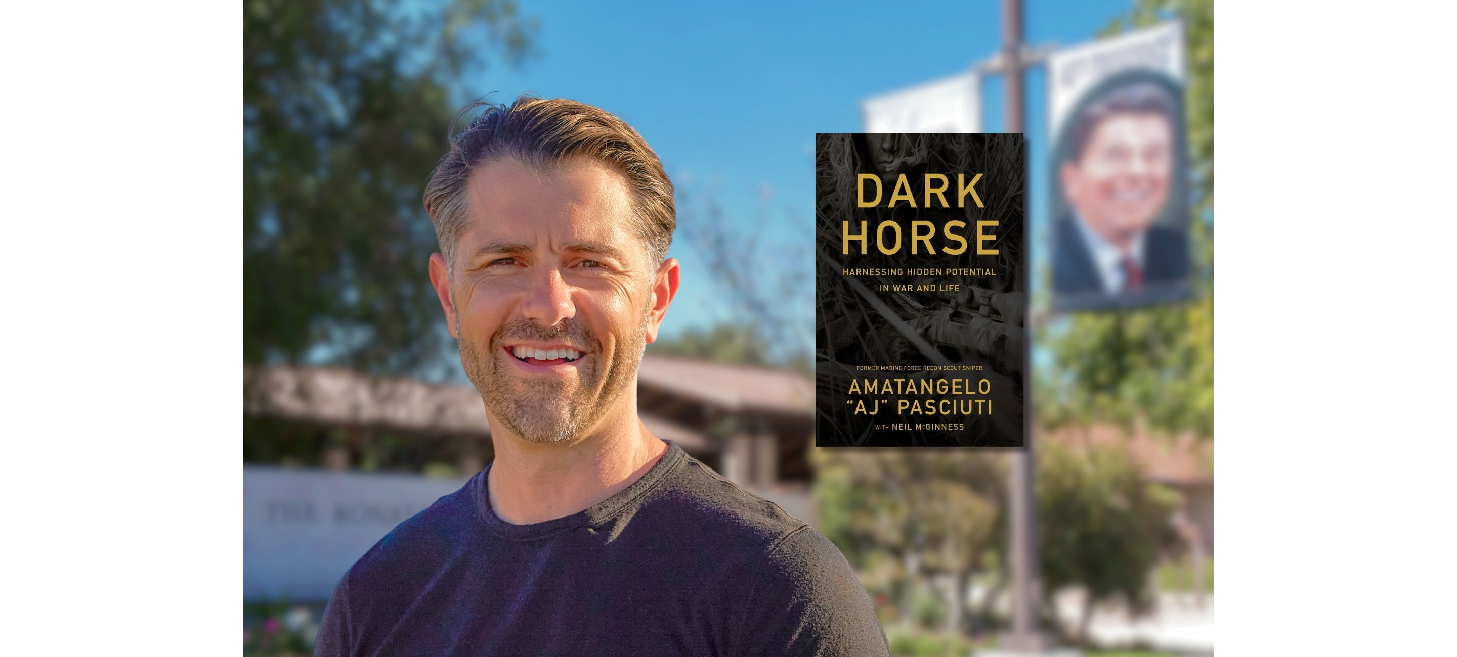 Sniper Amatangelo “AJ” Pasciuti with book cover of Dark Horse: Harnessing Hidden Potential in War and Life