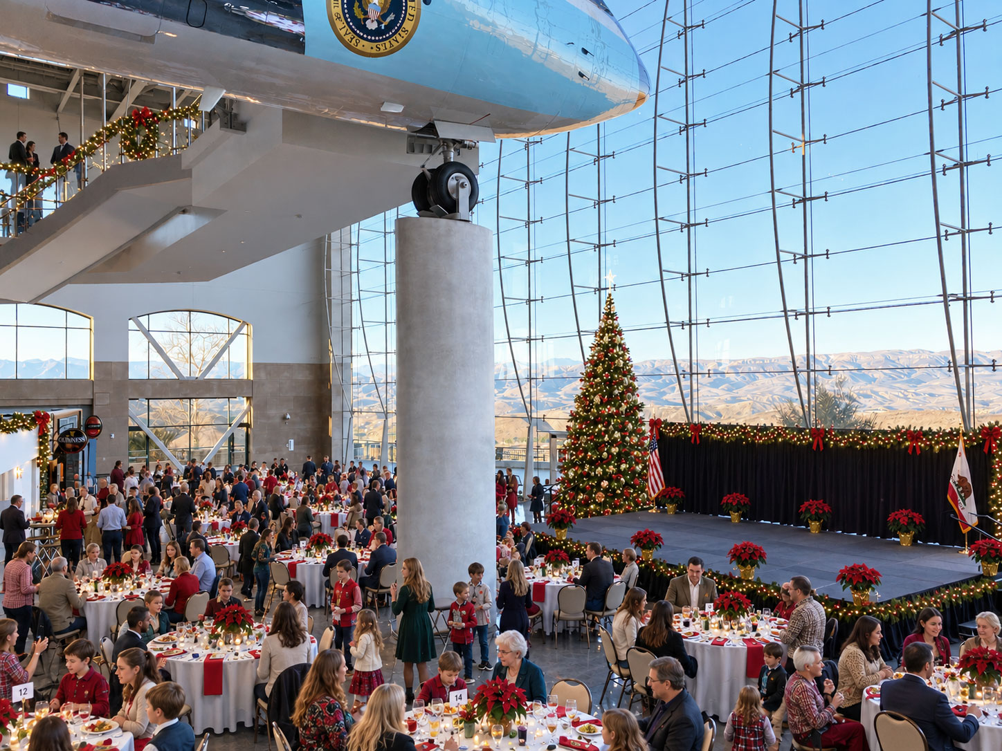 Guests eating lunch under Air Force One at the Reagan Library