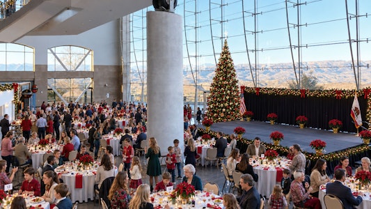 Guests eating lunch under Air Force One at the Reagan Library