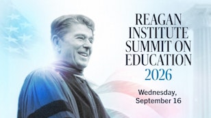 Ronald Reagan speaking at a graduation with an American flag in the background